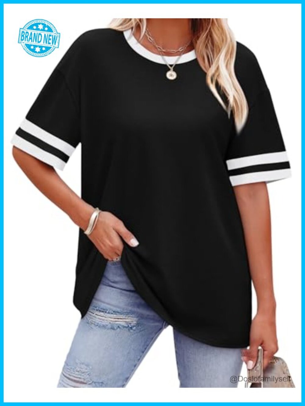 Womens Loose Fit Short Sleeve Crew Neck Color Block Summer T-Shirt